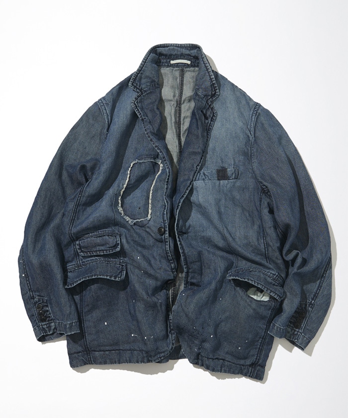 Distressed French Linen Denim Tailored Jacket