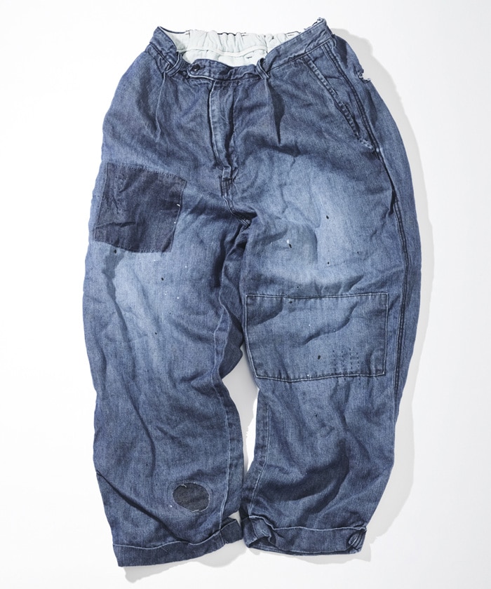 Distressed French Linen Denim 1 Tuck Trousers