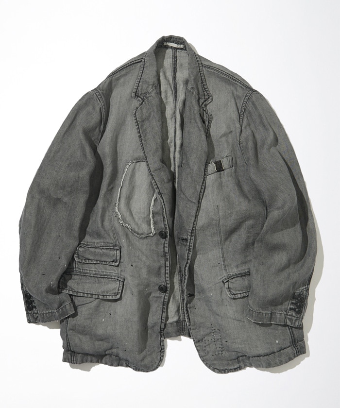 Distressed French Linen Denim Tailored Jacket
