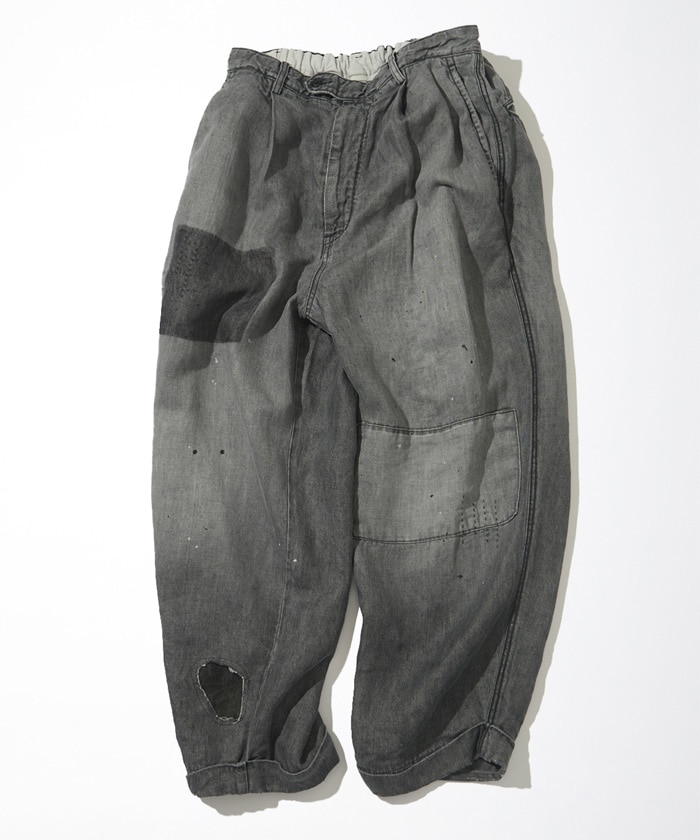 Distressed French Linen Denim 1 Tuck Trousers