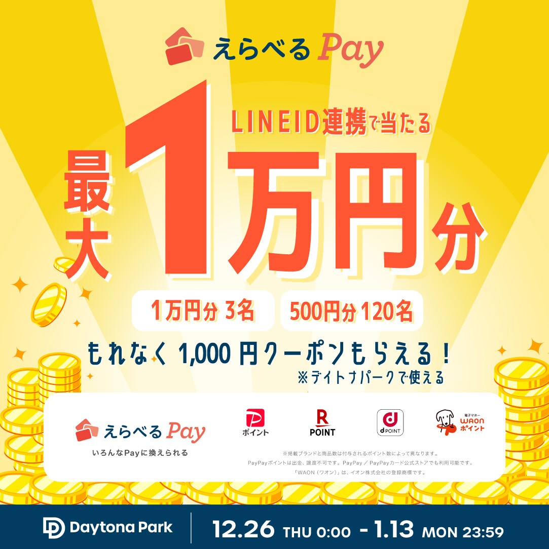 LINE ID連携で当たる！最大1万円分のえらべるPay｜Daytona Park