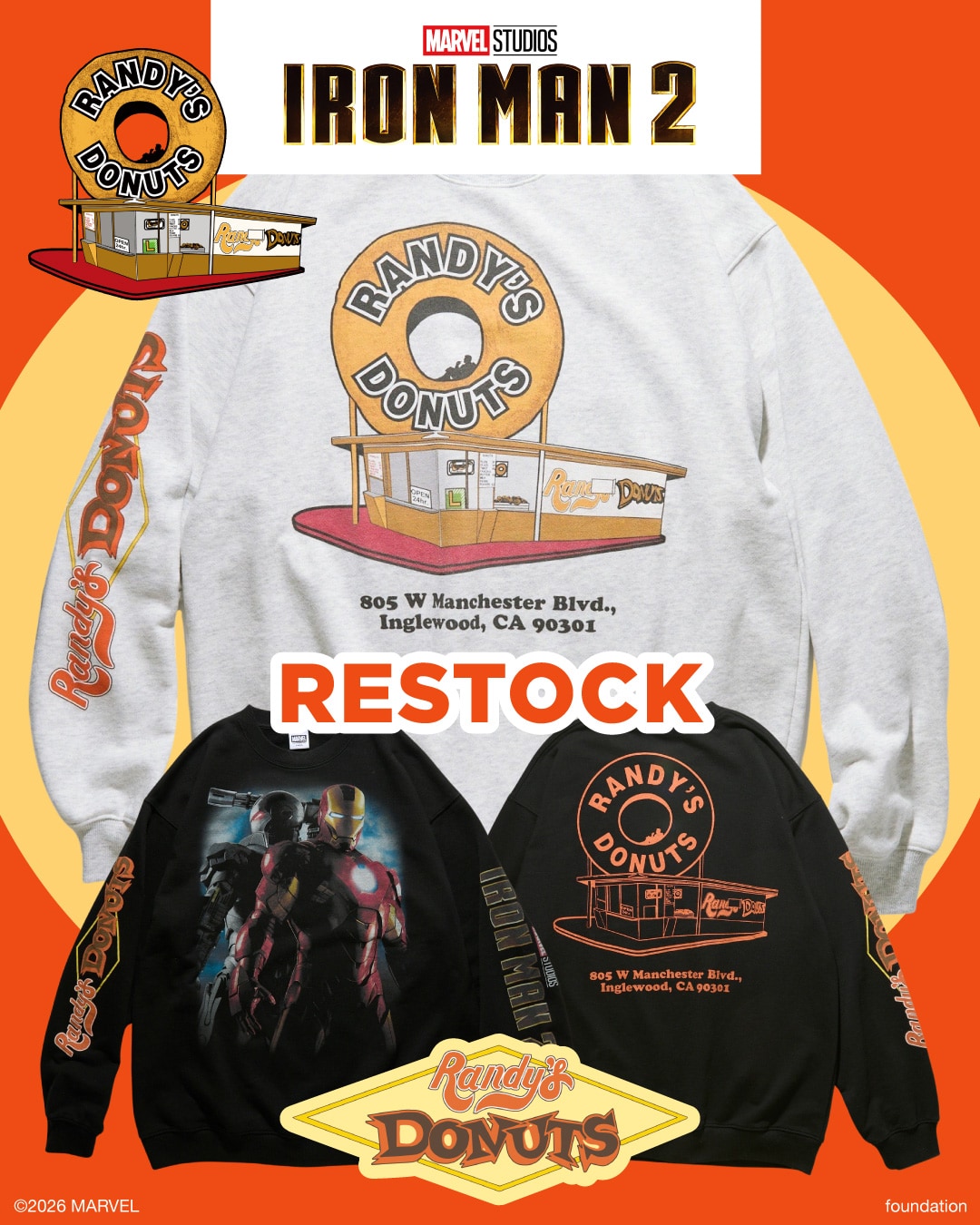 トップス IRON MAN2/ Randys Donuts Tee XL マーベル・スタジオ製作による映画『アイアンマン2』とランディーズ