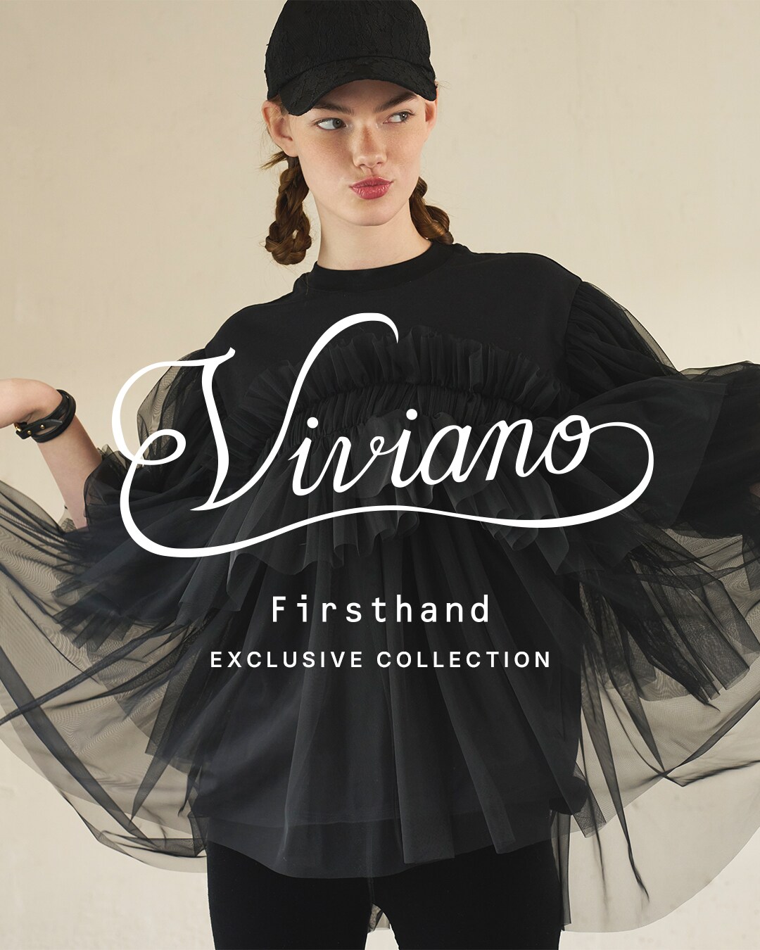 VIVIANO×Firsthand 別注ギャザーチュールTシャツ ブラック 【公式通販】